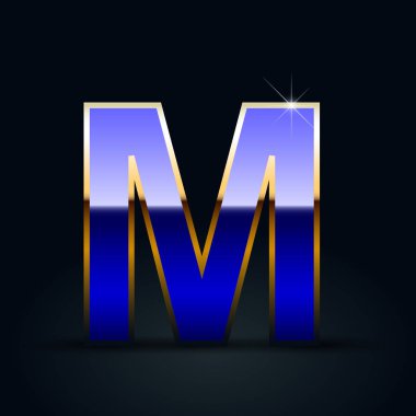 Parlak metalik harf M siyah arka plan üzerine büyük mavi