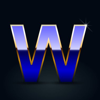 Parlak metalik harf W siyah arka plan üzerine büyük mavi