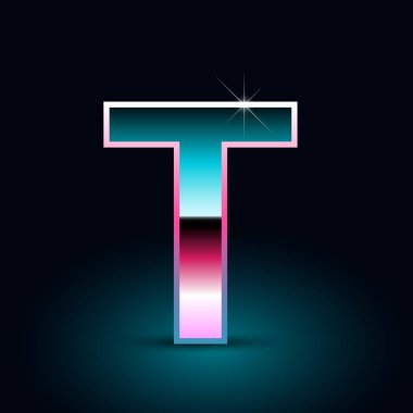 Parlak metalik 80s retro tarzı mektup t büyük yazı tipi siyah arka plan üzerine  