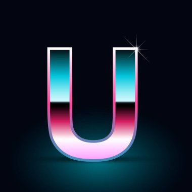 Parlak metalik 80s retro tarzı mektup u büyük yazı tipi siyah arka plan üzerine  