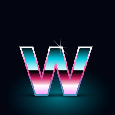 Parlak metalik 80s retro tarzı w küçük yazı tipi siyah arka plan üzerine mektup 