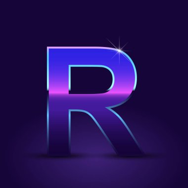 Parlak metalik 80s retro tarzı harf r büyük yazı tipi koyu mor zemin üzerine  