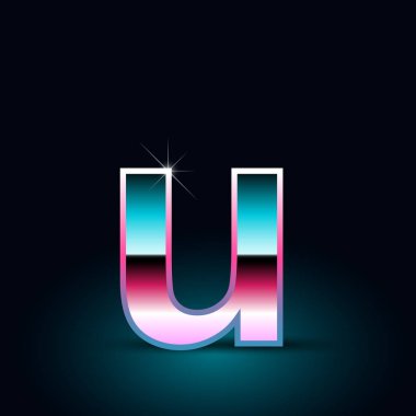 Parlak metalik 80s retro tarzı mektup u küçük yazı tipi siyah arka plan üzerine 