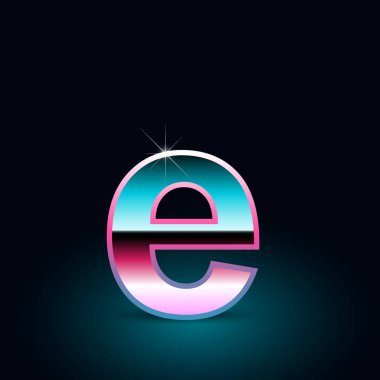 Parlak metalik 80s retro tarzı mektup e küçük yazı tipi siyah arka plan üzerine 