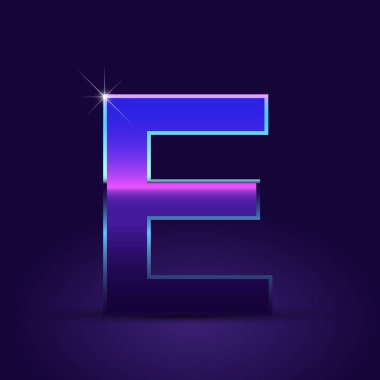 Parlak metalik 80s retro tarzı mektup e büyük yazı tipi koyu mor zemin üzerine  