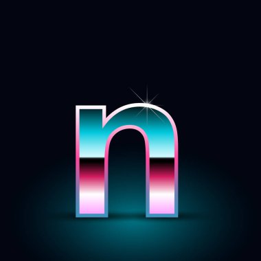 Parlak metalik 80s retro tarzı mektup n küçük yazı tipi siyah arka plan üzerine 