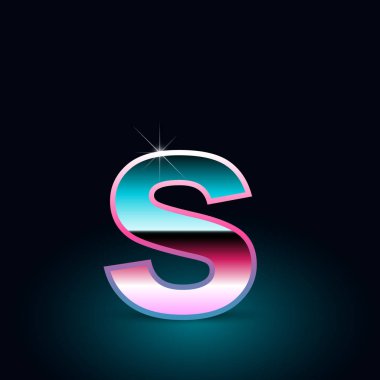 Parlak metalik 80s retro tarzı mektup s küçük yazı tipi siyah arka plan üzerine 