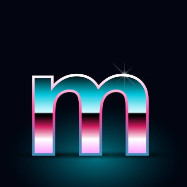 Parlak metalik 80s retro tarzı mektup m küçük yazı tipi siyah arka plan üzerine 