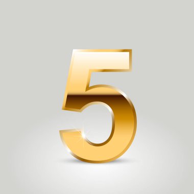Altın sayı 5. Beyaz arka plan üzerinde izole vektör yazı tipi