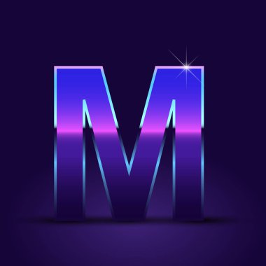 Parlak metalik 80s retro tarzı mektup m büyük yazı tipi koyu mor zemin üzerine  