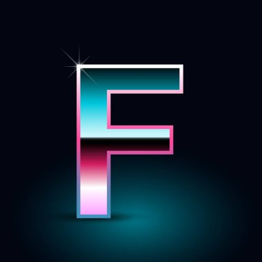 Parlak metalik 80s retro tarzı harfi f büyük yazı tipi siyah arka plan üzerine  