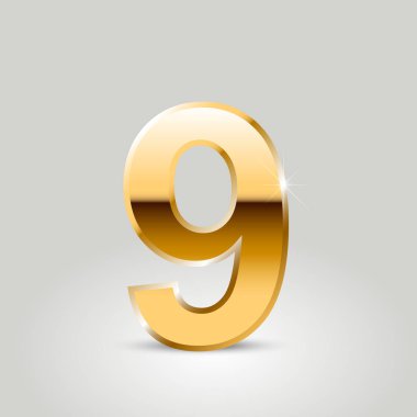 Altın sayı 9. Beyaz arka plan üzerinde izole vektör yazı tipi
