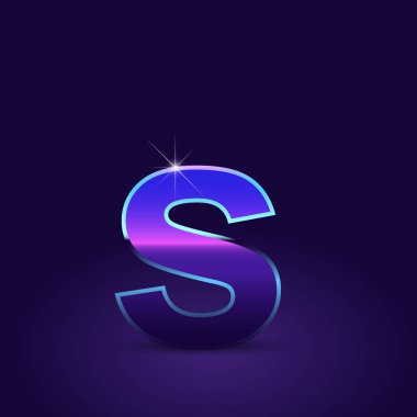 Parlak metalik 80s retro tarzı mektup s küçük yazı tipi koyu mor zemin üzerine 