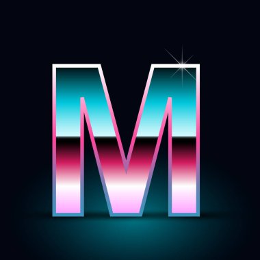 Parlak metalik 80s retro tarzı mektup m büyük yazı tipi siyah arka plan üzerine  