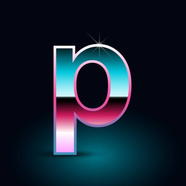 Parlak metalik 80s retro tarzı mektup p küçük yazı tipi siyah arka plan üzerine 
