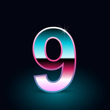 Parlak metalik 80s retro tarzı sayı 9 siyah arka plan 