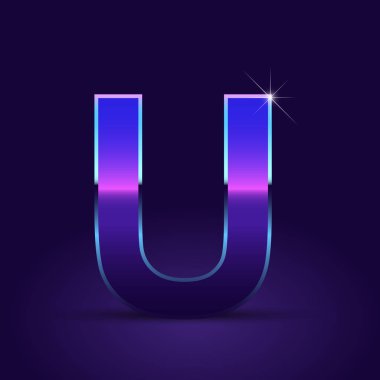 Parlak metalik 80s retro tarzı mektup u büyük yazı tipi koyu mor zemin üzerine  