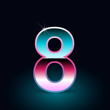 Parlak metalik 80s retro tarzı sayı 8 siyah arka plan 