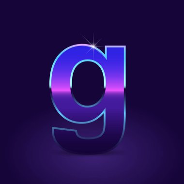 Parlak metalik 80s retro tarzı mektup g küçük yazı tipi koyu mor zemin üzerine 