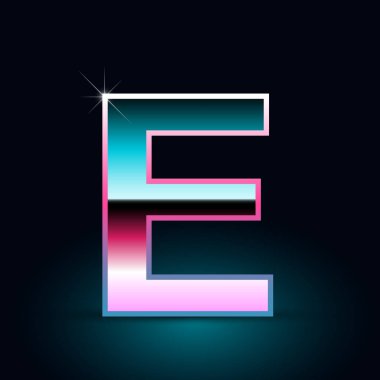 Parlak metalik 80s retro tarzı mektup e büyük yazı tipi siyah arka plan üzerine  