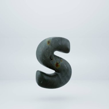 Paslı eski metal S harfi küçük. 3D yazı tipi izole üzerinde beyaz arka plan render