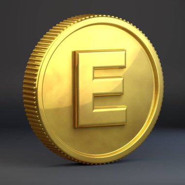 Altın madeni para büyük E harfi ile. siyah arka plan üzerine izole 3d render casino para.