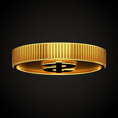 Altın madeni para doları sembolü ile 260 siyah arka plan üzerine dikey olarak izole derece döndürülmüş. 3D render.