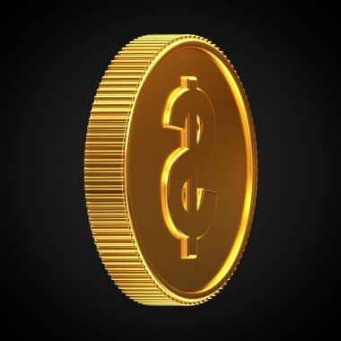 Altın madeni para doları sembolü ile 240 yatay siyah arka plan üzerine izole derece döndürülmüş. 3D render.
