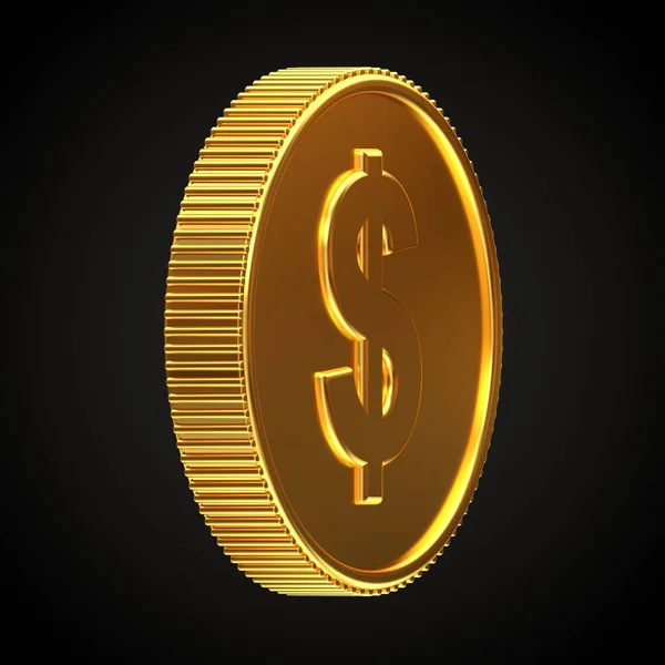 Golden Coin Dollar Symbol Rotated Degrees Horizontally Isolated Black Background — Stock Photo, Image