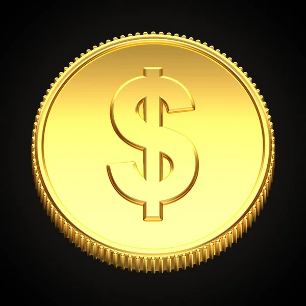 金币与美元符号旋转340度垂直隔离在黑色背景 — 图库照片