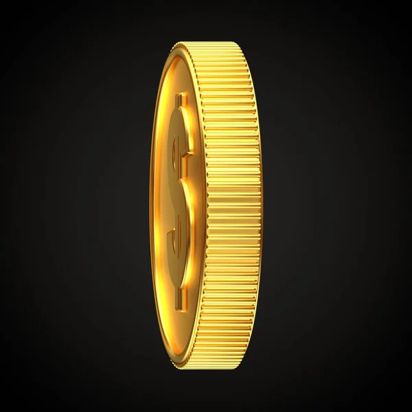 Golden coin with dollar symbol rotated 280 degrees horizontally isolated on black background. 3d render.