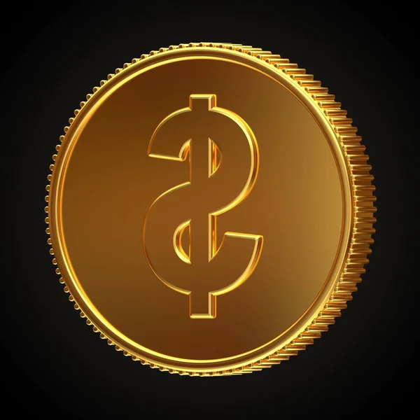 Golden coin with dollar symbol rotated 160 degrees horizontally isolated on black background. 3d render.
