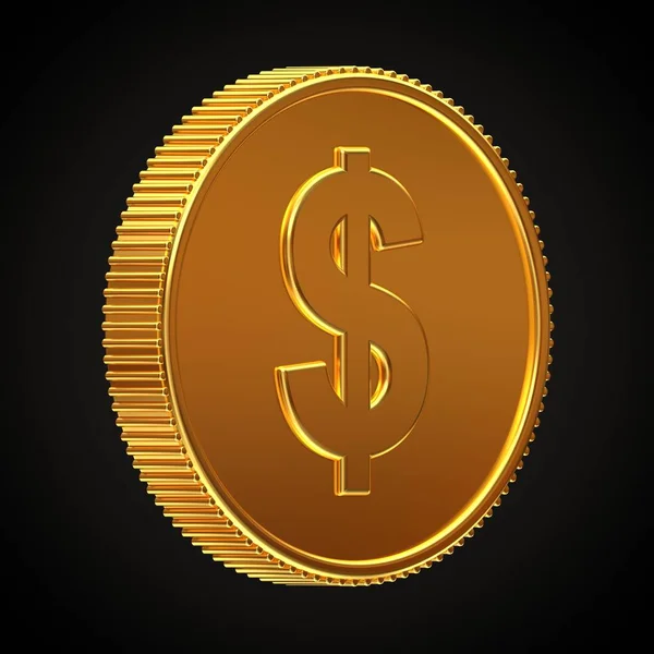 Golden coin with dollar symbol rotated 40 degrees horizontally isolated on black background. 3d render.