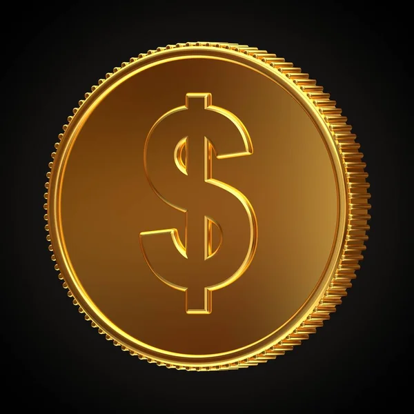 Golden coin with dollar symbol rotated 340 degrees horizontally isolated on black background. 3d render.