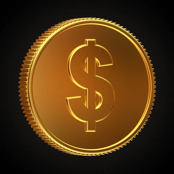 Golden Coin Dollar Symbol Rotated Degrees Horizontally Isolated Black Background — Stock Photo, Image