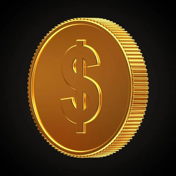 Golden Coin Dollar Symbol Rotated 320 Degrees Horizontally Isolated Black — Stock Photo, Image
