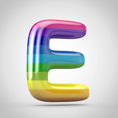 Gökkuşağı harf E büyük harf. 3d render parlak yazı tipi beyaz arka plan üzerinde izole.