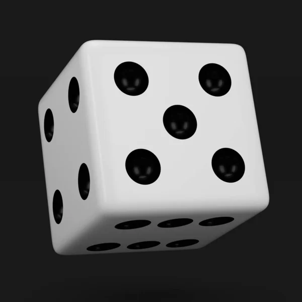 白色骰子与黑色的点挂在半圈显示数字5 渲染骰子立方体隔离在黑色背景上 — 图库照片