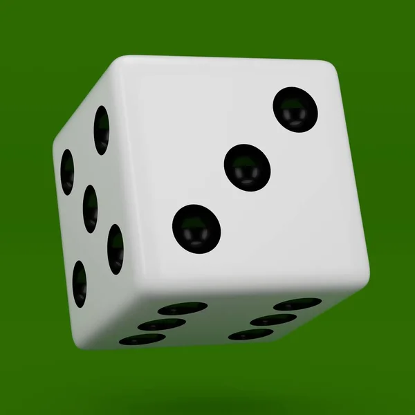 白色骰子与黑点挂在半圈显示数字3 渲染骰子立方体隔离在绿色背景 — 图库照片
