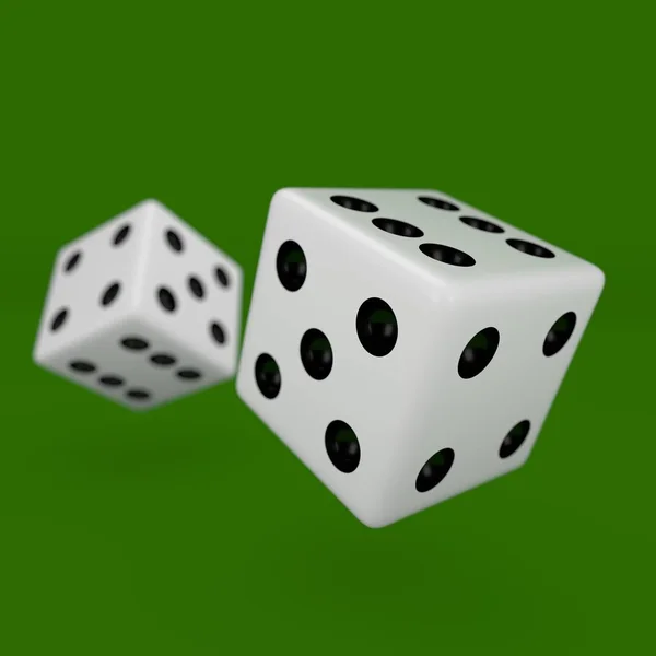 白色骰子与黑点挂在半圈显示不同的数字 渲染骰子与去聚焦立方体在背景隔离在绿色 — 图库照片