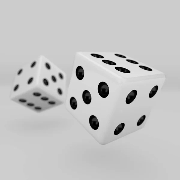 白色骰子与黑点挂在半圈显示不同的数字 渲染骰子与去聚焦立方体在背景隔离在白色 — 图库照片