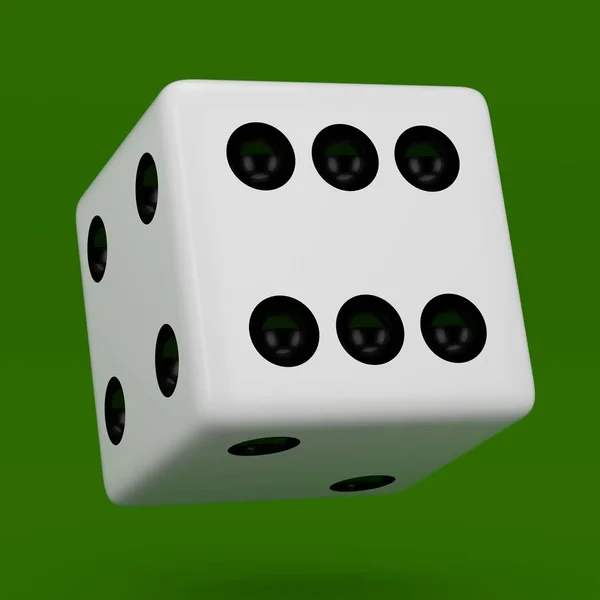 白色骰子与黑色的点挂在半圈显示数字6 渲染骰子立方体隔离在绿色背景 — 图库照片