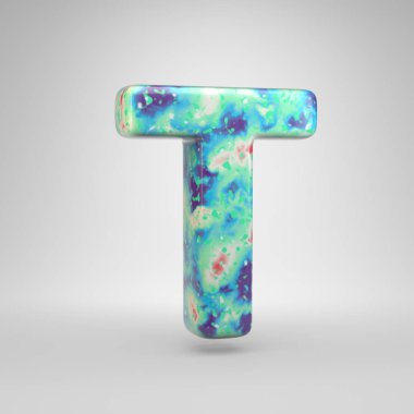 Mavimsi akrilik dökme T harfi büyük harf. Beyaz arka plan üzerinde izole 3d render soğuk renk yazı tipi