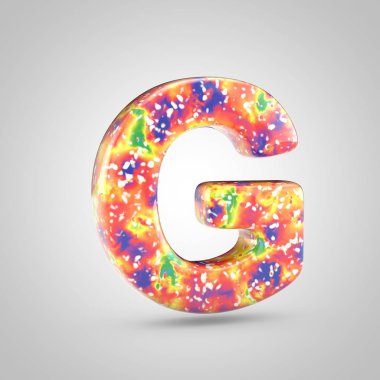 Parlak akrilik dökme G harfi büyük harf. 3d render renkli yazı tipi beyaz arka plan üzerinde izole