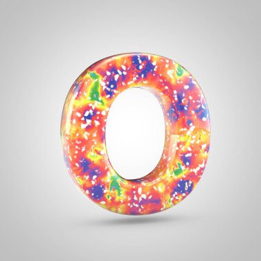 Parlak akrilik dökme O harfi büyük harf. 3d render renkli yazı tipi beyaz arka plan üzerinde izole