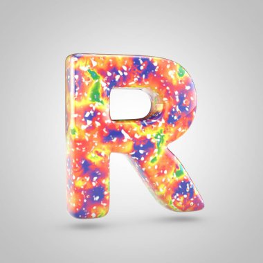 Parlak akrilik dökme R harfi büyük harf. 3d render renkli yazı tipi beyaz arka plan üzerinde izole