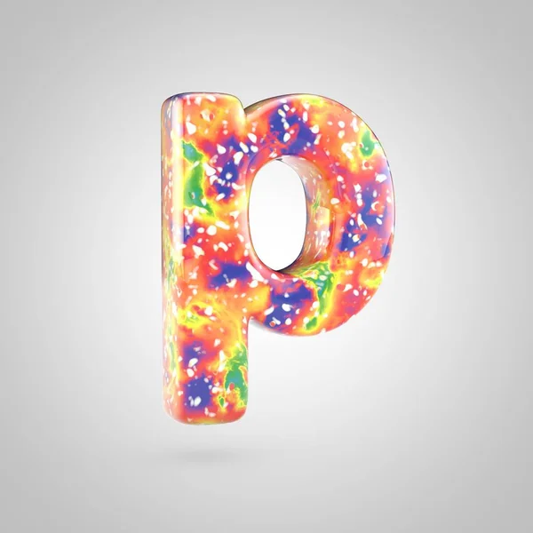 Bright acrylic pouring letter P lowercase. 3d render colorful font isolated on white background