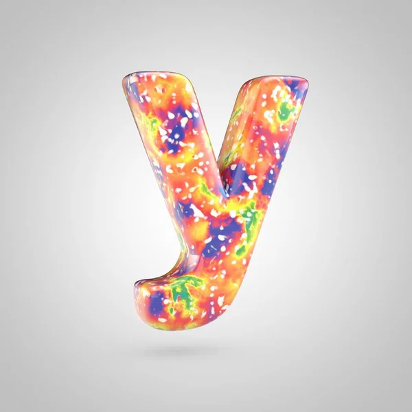 Bright acrylic pouring letter Y lowercase. 3d render colorful font isolated on white background