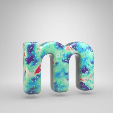 Mavimsi akrilik dökme harf M küçük. Beyaz arka plan üzerinde izole 3d render soğuk renk yazı tipi