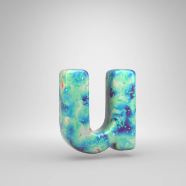 Mavimsi akrilik U harfi küçük dökme. Beyaz arka plan üzerinde izole 3d render soğuk renk yazı tipi